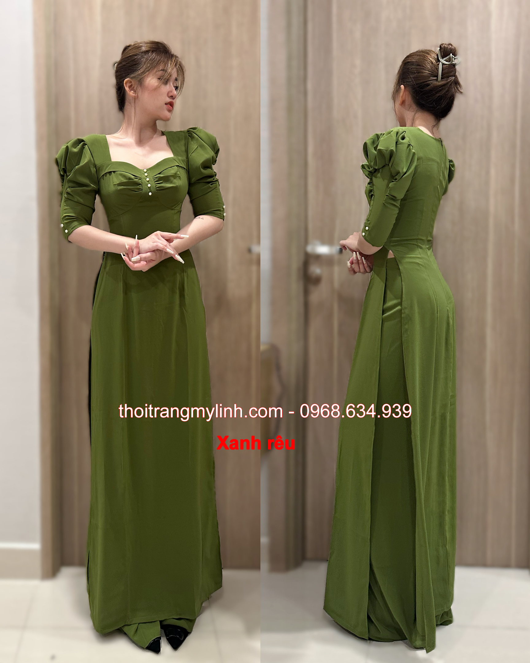 Áo dài đính ngọc trai tay phồng, lỡ màu xanh rêu